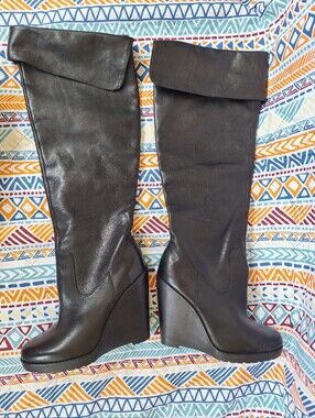 Lauren Ralph Lauren Wilda Black Leather Wedge Knee High Foldover Boots Size 6.5